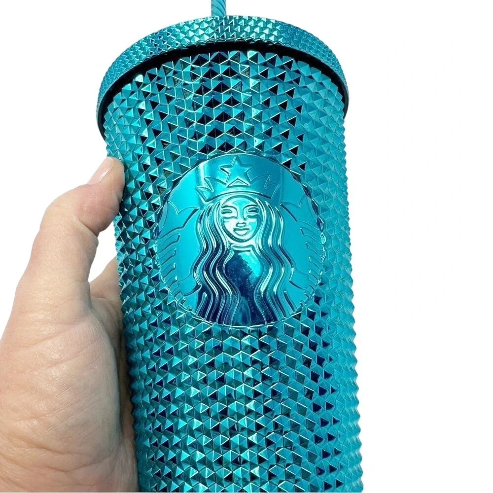 NEW Starbucks Blue Splash Chrome Bling Studded Tumbler 16 oz‎